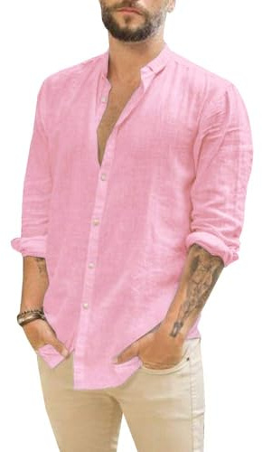 Makkrom - Camicie da uomo a maniche lunghe, in lino, per spiaggia, yoga, casual - rosa - 3XL