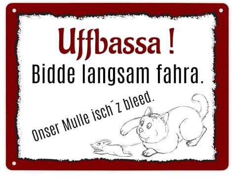 Aufpassen und langsam fahren - unsere Katze ist zu blöd Metallschild XL in 21x28 cm auf schwäbisch für Katzenliebhaber als Geburtstagsgeschenk