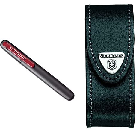 Victorinox Dual Knife Sharpener, Swiss Made, Portable, Black/Red & Leather Pouch for Swiss Army Pocket Knives, 3,5cm x 10cm, Black