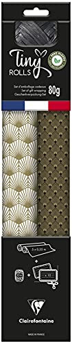 Clairefontaine 223891C - Kit D'emballage Cadeau Zéro Plastique - 2 Rouleaux Papier Cadeau 5mx35cm - Bobine Ruban 20m + 10 Étiquettes Cadeaux A Découper - Noir/Or - Emballage Responsable