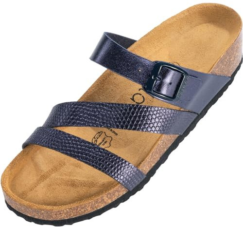 Palado Pantoletten Damen Chios - bequeme Sandalen Made in Spain - Hausschuhe mit dämpfendem Kork-Fußbett - modische Sommerschuhe Print Blau UK3,5 - EU36