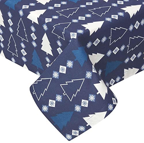 HOMESCAPES Tovaglia natalizia blu 100% cotone a 4 posti, 137 x 137 cm, motivo: albero di Natale Blue Winterland