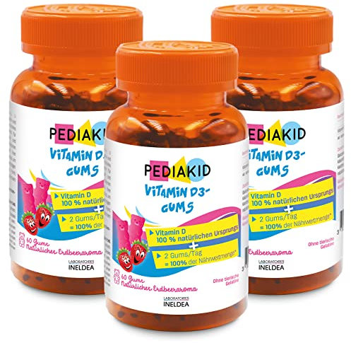 PEDIAKID - Gommes Vitamine D3 - Renforcement des défenses naturelles - Croissance & résistance - Dès 3 ans - Goût Fraise - Couvre 100% des apports journaliers recommandés - Lot de 2 Piluliers