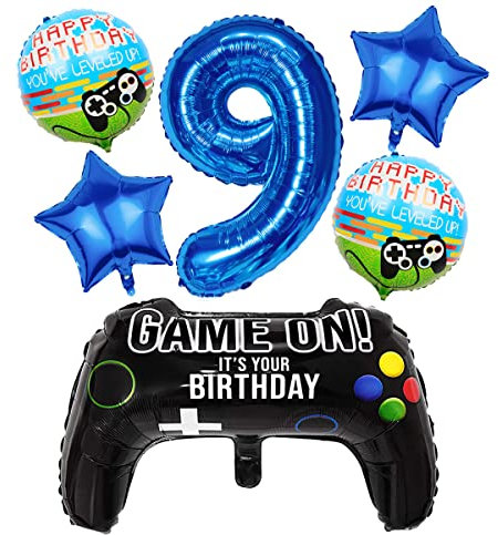 Liitata Video Game 9th Birthday Decorations for Boys Gaming Party Decorations Set for Gamers Blue Number 9 Foil Balloon Large Game Controller Balloon for Boy Birthday Motto Party