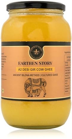 Earthen Story A2 Ghee von Gir Cow 1 Liter | A2 Kuh Ghee Bilona Methode aus Quark | 100% rein, natürlich & gesund | A2 Gir Kuh Ghee im Glas | Laborgeprüft