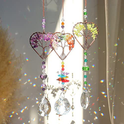 Lot de 3 attrape-soleil en verre d'intérieur avec fenêtres suspendues, arbre de vie, attrape-rêves avec prismes, décoration de chakra pour la maison
