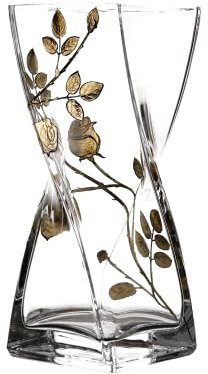 Gold Forever Rose Leaf Tendril Contemporary Square Twist Design Glass Flower Vase - Mouth Blown/Hand Decorated Glass - Ideal Golden Wedding/50th Wedding 20 cm