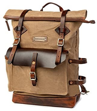DRAKENSBERG Rolltop Rucksack 'Adam' aus gewachstem Canvas mit Leder, wasserabweisend - handwerkliche Perfektion, bis 30L - Khaki-Sand, DR00607