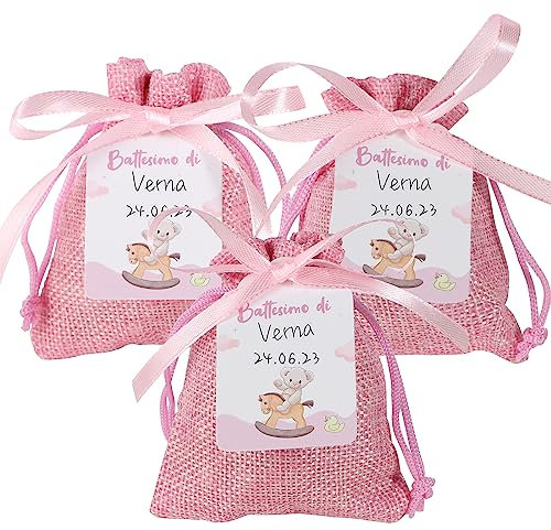 24pz Sacchetti PortaConfetti Bomboniere Battesimo Bimba Bambina Nascita+24pz Etichette Orsetto Battesimo+1 Rotolo di Nastro Rosa Sacchettini Confetti Rosa Bimba