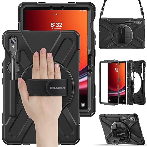 BRAECN Hülle für Samsung Galaxy Tab S10 FE/S9 FE 10.9 Zoll, Galaxy Tab S9/S8/S7 11 Zoll, Robuste Stoßfeste Schutzhülle mit 360°Drehbarer Handgurt und Ständer, Stifthalter, Schultergurt - Schwarz