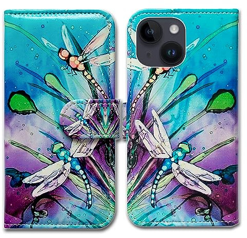 Bcov Case for iPhone 15,Cute Dragonfly Leather Flip Phone Case Wallet Cover with Card Slot Holder Kickstand For iPhone 15