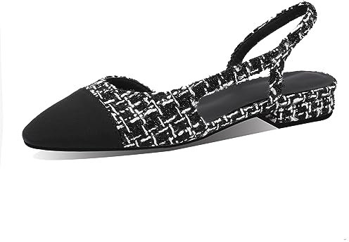 MIRAAZZURRA Damen Slingback Pumps geschlossene runde Zehe Blockabsatz zweifarbige lässige klobige Absätze Büroschuhe Schwarzer Tweed EU37