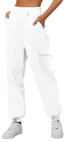 Outdoorhose Hose Hohe Taille Lang Baggy Elegant High Waist Outdoor Hosen Taschen Bequeme Stretch Freizeithosen Weites Bein Täglich Yogahose Elastisch Haremshose Sport Damen Jogginghose (White, XXL)