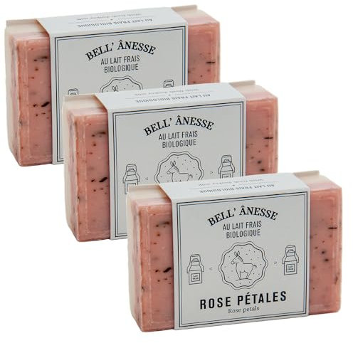 Label Provence - Doppelseitige Peeling-Seife mit französischer Seife – Für Weichmachung, Befeuchtung und Pflege für alle Hauttypen – Rosenblüten und Eselsmilch Duft – 125 g – 3er-Set