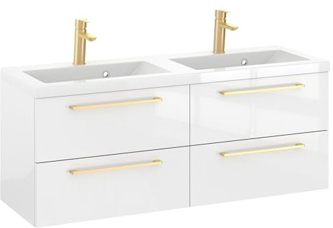 Furni Rosen 120 cm Hängend Doppelt Badezimmerschrank mit 2 Waschbecken und Eleganten Goldenen Griffen Waschbeckenunterschrank Badezimmer Waschtisch mit Unterschrank Waschtischunterschrank