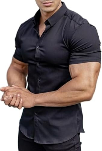 EOUOSS Men’s Muscle Fit Dress Shirts Athletic Slim Fit Short Sleeve Stretch Casual Button Down Shirt, Black, S