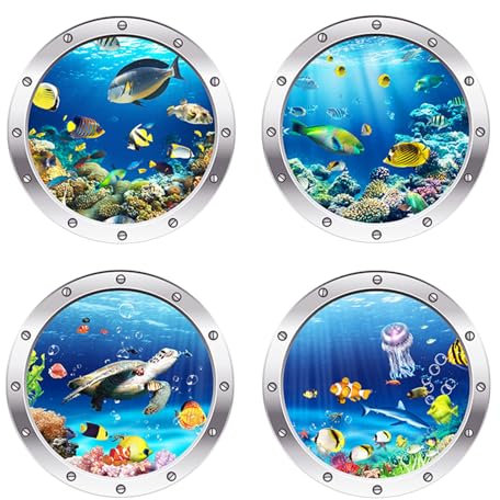Zimoer 3D Unterwasserwelt Wandtattoo, 4 Stück Wandsticker Badezimmer Schlafzimmer Meerestiere Dekoration Bullauge Fenstersticker, Ozean-Themen Wandaufkleber für Babyzimmer Kinderzimmer Wanddeko (A)