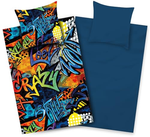 Aminata kids Mikrofaser Bettwäsche Graffiti 135x200 Mädchen Jungen Jugendliche mit Reißverschluss - Bügelfrei - vorteilhaft für Allergiker - bunt blau