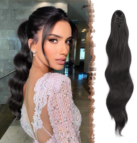 FESHFEN Pferdeschwanz Extensions Klammer, 50 cm Hair Extensions Zopf Lang Pferdeschwanz Haarteil Clip Gewellt Extensions Zopf Natürliches Schwarz Pferdeschwanz Haarverlängerung für Frauen