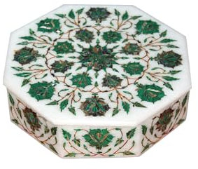 Schmuckschatulle mit Malachitsteineinlage, achteckige Form, weißer Marmor, 15,2 x 15,2 cm