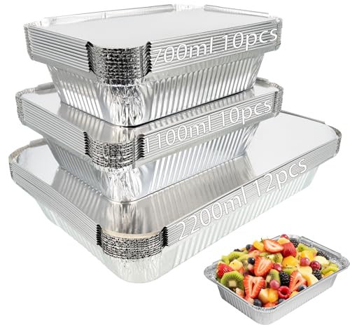 Huhemy 32 Pièces Barquette Aluminium avec Couvercle,2200ml/1100ml/700ml Barquette Aluminium Barbecue,plat aluminium jetable,Pour barbecue,cuisiner,griller,cuire,rôtir.