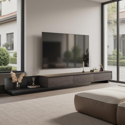 OLEYLUCKLIVE TV-Schrank Entertainment Center Möbel - 3-Schubladen Ausziehbares TV-Lowboard von 200 cm bis 305 cm Erweiterbar, Aufbewahrungsschränke Medientisch für Wohnzimmer, Grau (walnuss braun)