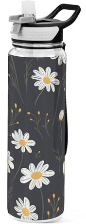 Mnsruu White Daisy Flower Black Water Bottle Sports Drinking Bottle with Straw 1L BPA Free Tritan Clear Drinks Bottle for Kids Boys Girls Adults School Travel