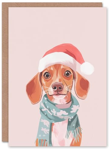 Wee Blue Coo Greeting Card Cute Dachshund Santa Hat Pastel Pink Dog Lover For Her Woman Xmas Christmas Card