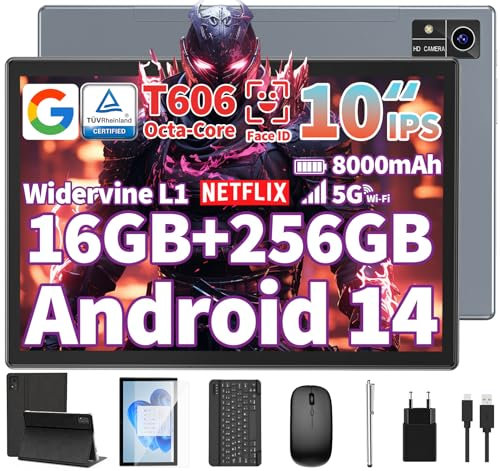 QDDQ Android 14 Tablet mit Tastatur, 10 Zoll Tablet mit 16GB+256GB, 1TB Expand, 8-Core, 8000mAh, 5G WiFi, Widevine L1, GMS, 1280P FHD, 2 in 1 mit Tastatur, Maus, Stylus (Schwarz)