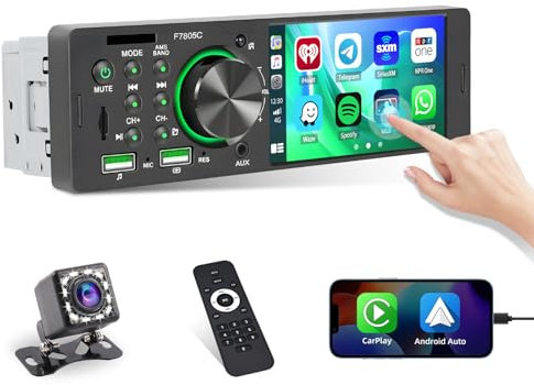 Hikity RDS 1 DIN Autoradio mit CarPlay Android Auto, 1-DIN Auto Radio mit 4-Zoll Touchscreen FM/RDS Radio 2USB/AUX/TF SWC EQ Bluetooth 5.1 Mirror Link Rückfahrkamera + MIC