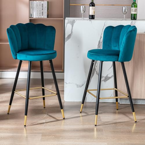 chairus 2er-Set Barhocker Modern, Beine in Schwarz und Gold, Samt/Teal | Eleganter Barstuhl mit weichem Samtbezug, Muschelform-Sitz und praktischer Fußstütze, als Küchenstuhl für Küche oder Hausbar