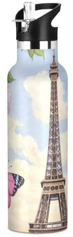 Romantic Parisian Iron Tower with Flowers Blue BPA-Free Leak Proof Reusable Water Bottle Insulated with Leak Proof Spout Lid Vacuum Insulated for Travel, Camping, Sports water bottle with