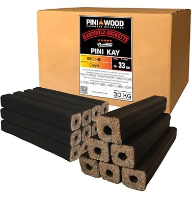 PINI Kay Briquettes en bois de chêne - Carrées - 33 cm de long - Avec trou de traction - 30 kg - Briquettes de bois de chêne - Cheminée, four, foyer, barbecue