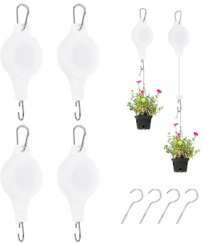 PATIKIL 4 Pezzi Carrucola Retrattile Per Piante Gancio Portavasi Bianco | Per Fiori Cestini Mangiatoie Per Uccelli, Gancio Da Soffitto Regolabile, Per Giardino, Regolabile