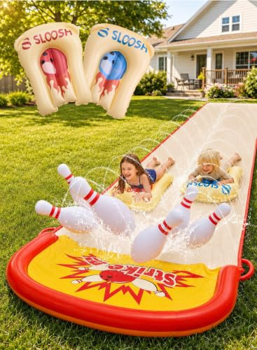 Sloosh 22ft / 6,7m Garten-Wasserrutsche mit Bowling-Set – aufblasbare Kegel & Bälle, doppelte Spur mit Sprinklern, sommerliches Spielzeug für Kinder & Erwachsene, Rasenrutschbahn für Spaß im Freien