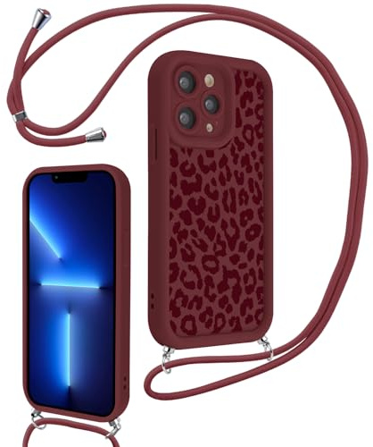 Xylota Coque avec Cordon pour iPhone 13 Pro Max, Aesthetic Léopard Motif Etui avec Réglable Collier Silicone Corde Caméra Protection Bumper Case, Antichoc Housse pour iPhone 13 Pro Max 6,7'', Bordeaux