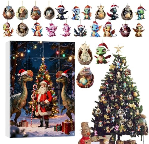 Dragon Ornament Adventskalender - 2D Acryl Dekor 24 Tage Drachen Weihnachten Countdown Dekorationen mit festlichem Design für Home Tree Auto Rückspiegel Wand Tür Erwachsene Kinder Urlaub Ho