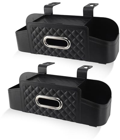 Car Seat Back Organizer with Cup Holder and Tissue Box, Plastic Multifunctional Storage Box for Car Travel Accessories, Cup Holders, Tissue Box and Hooks (Black 2 Pcs)