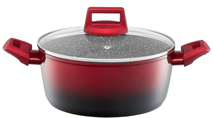 AMBITION Kochtopf antihaftbeschichtet 24 cm mit Glasdeckel 4,3 l Ombre Red aus Aluminium alle Herdarten Induktion Steinoptik rot