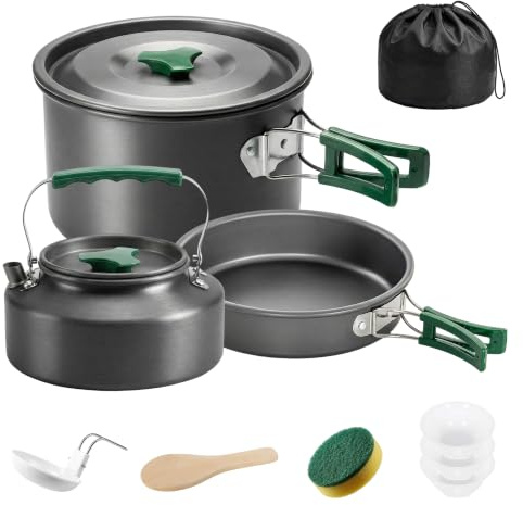 Outsunny Camping Cookware Set for 2-3 Ultralight Aluminium Cooking Kit Grey | Anti-Scald Handles, Compact Pots and Pans with Kettle, Backpacking and Hiking