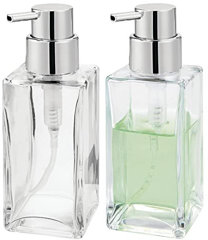 mDesign 2er-Set Seifenspender wiederbefüllbar – eckiger Pumpseifenspender aus Glas und Kunststoff – optimal für Küche oder als Badzubehör mit ca. 414 ml Füllmenge – durchsichtig/silberfarben