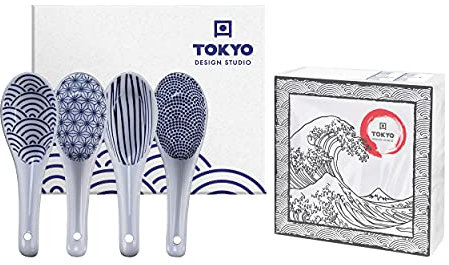 TOKYO design studio Nippon Blue Suppen-Löffel-Set blau-weiß, 4-TLG., 4X Asia-Löffel, 13,8 x 4,8 cm, asiatisches Porzellan, Japanisches Design, inkl. Geschenk-Verpackung