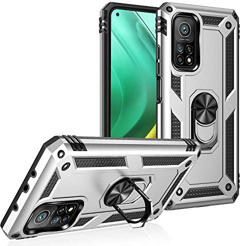 BestST Cover per Xiaomi Mi 10T 5G/10T PRO 5G,+ Vetro Temperato, Custodia per Xiaomi Mi 10T 5G/10T PRO 5G Cover a 360°Girevole Ring Hybrid Armor Bumper TPU Case Protettiva Shell,Argento