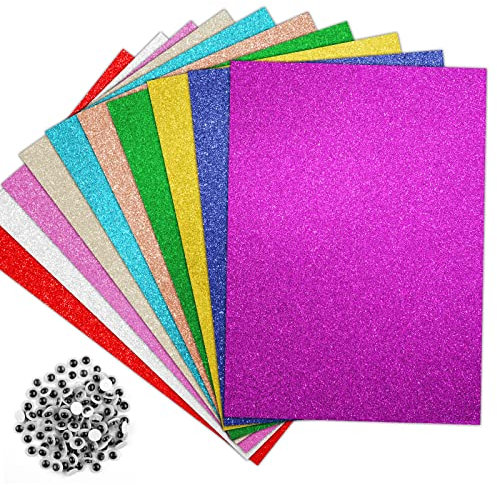 10 Blatt Glitzerpapier zum Basteln, 29.7 x 21 cm A4 Bunt Glitzer Papier mit Selbstklebend Wackelauge, 250g/m² Bastelpapier Glitzer Glitterkarton für Kinder DIY Grußkarten Scrapbooking, 10 Farben