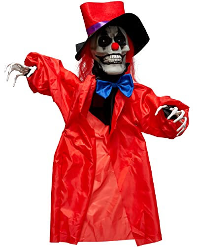 THE TWIDDLERS Gruseliger Zombie Clown, Animiertes Skelett mit Farbwechselnden LED-Augen & Biegsamen Armen (80cm) - Halloween Deko für Drinnen & Draußen, Spukhaus, Requisiten