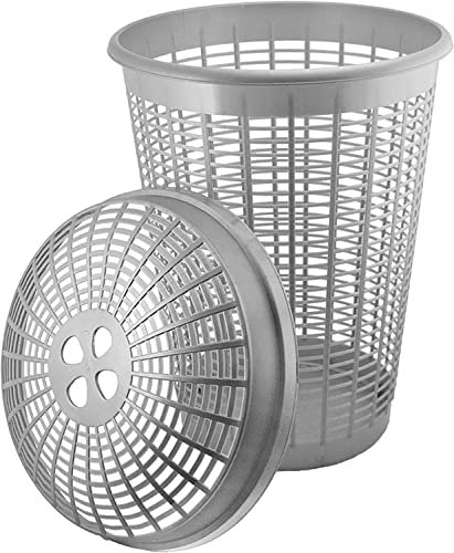 GREY/SILVER COLOUR PLASTIC LARGE LAUNDRY WASHING CLOTHES LINEN STORAGE BIN BASKET 58 LITRE WITH LID CIRCULAR ROUND