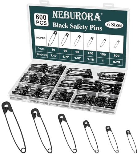 NEBURORA Lot de 600 épingles à nourrice Noires de Tailles Assorties pour vêtements, Maison, école, Bureau, Couture, Artisanat et Arts