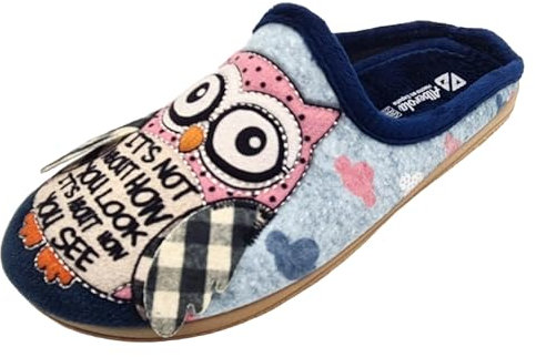 Schuhkönig ALBEROLA HAUSSCHUH/PANTOFFEL HELLE SOHLE EULE SPRUCH + APPLIKATION X29509A (Blau, EU Schuhgrößensystem, Erwachsene, Damen, Numerisch, M, 39)