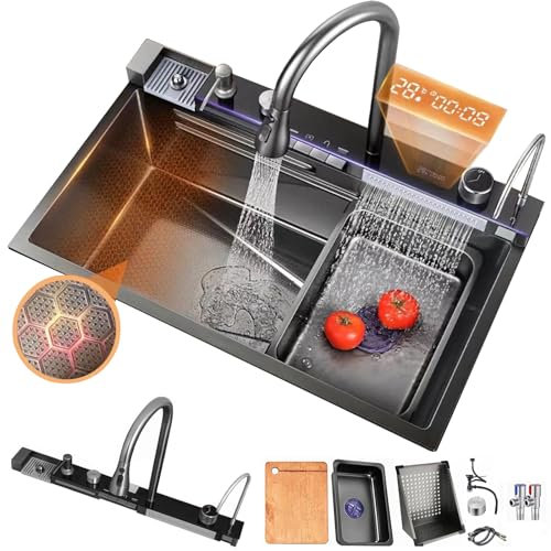 Fregaderos de cocina multifuncional de acero inoxidable, fregadero inteligente de lujo de fregadero negro 1 seno con lavavasos, dispensador de jabón y otros accesorios(Gris oscuro, 75 * 45cm)