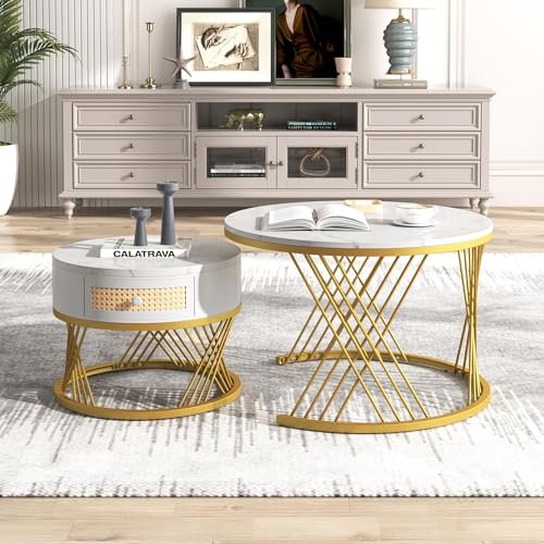 ModernLuxe 2-in-1 Coffee Table, Multi-functional Side Table with Marble Grain Veneer Top, Rattan Drawers, Solid Wood Handles, Gold Coloured Iron Legs, Round Nest of Tables for Living Room, White